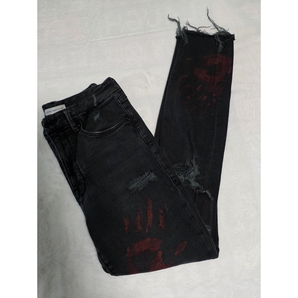 Good American Womens 4/27 Black Custom Painted Black Skinny Jeans Grunge Punk